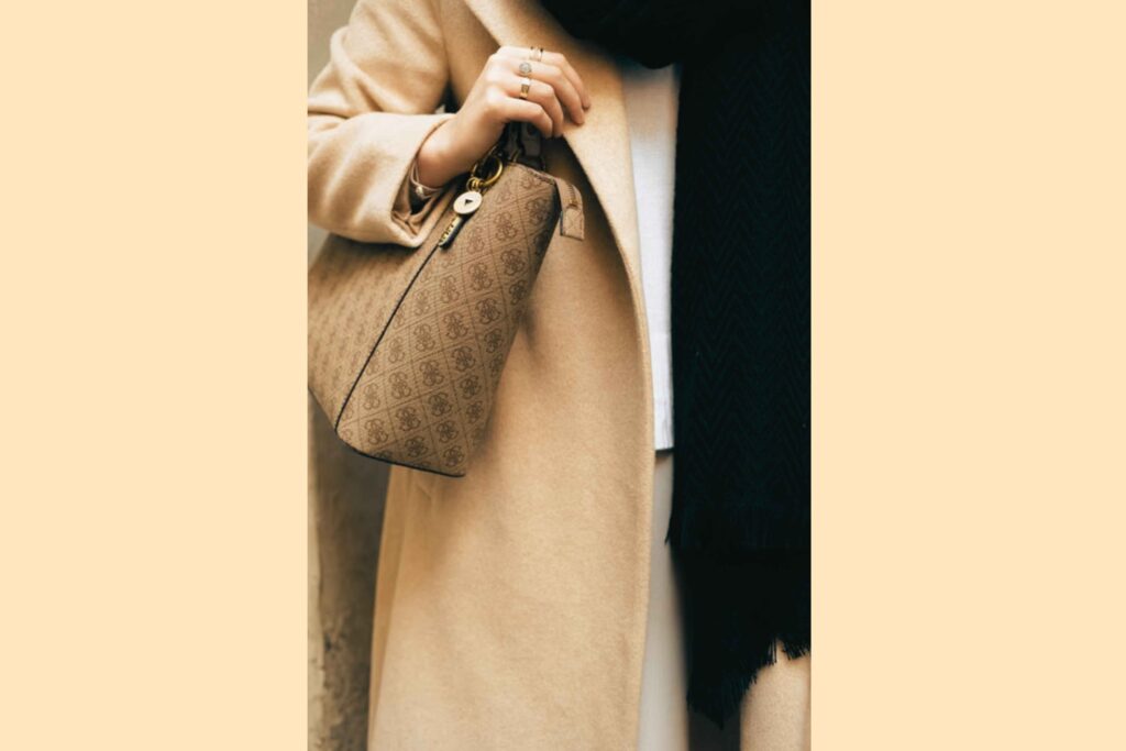 Close-up of Goyard's signature hand-painted Goyardine chevron canvas on a Saint Louis tote bag