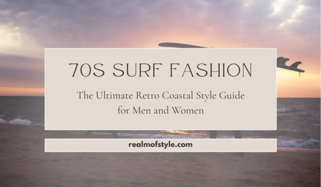 Retro coastal beach scene with surfboards illustrating 70s surf fashion for men and women