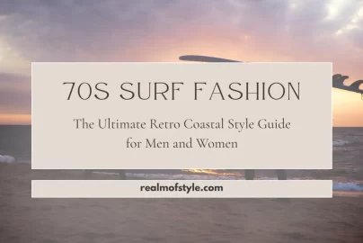 Retro coastal beach scene with surfboards illustrating 70s surf fashion for men and women