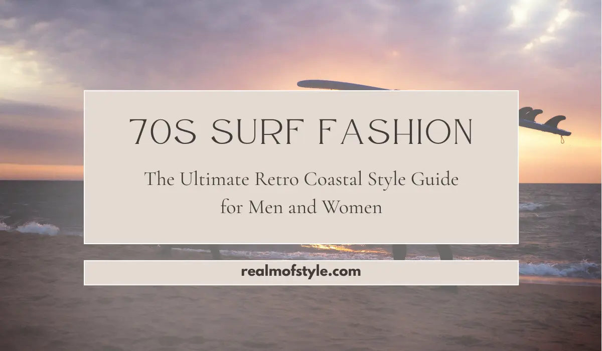Retro coastal beach scene with surfboards illustrating 70s surf fashion for men and women