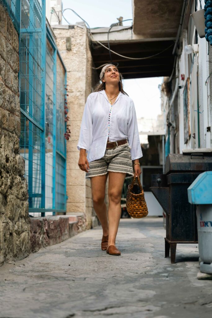 Casual summer outfit for women linen shirt and shorts