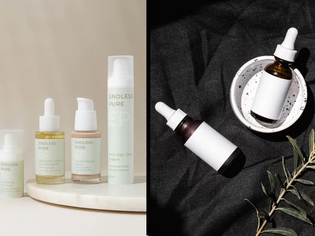 Flat lay comparison of morning vs night skincare routine products