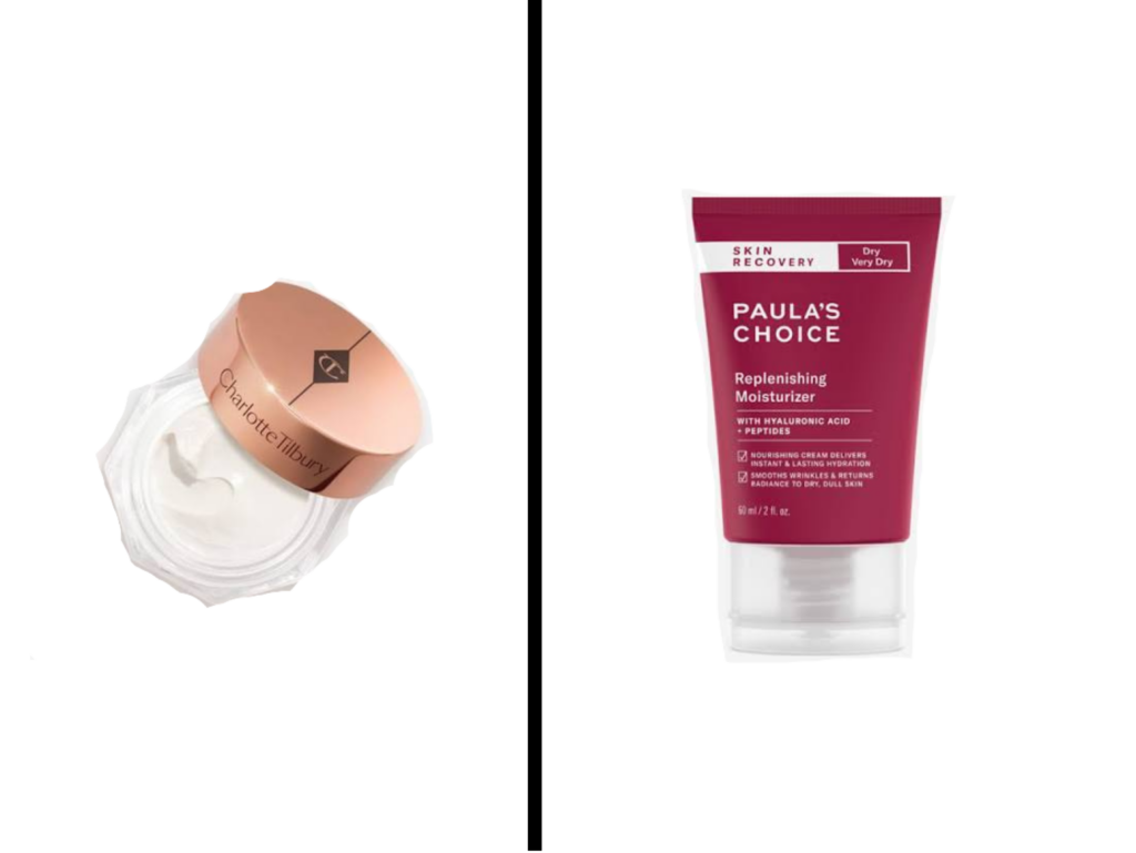Paula's Choice Skin Recovery moisturizer next to Charlotte Tilbury Magic Cream as a dupe comparison