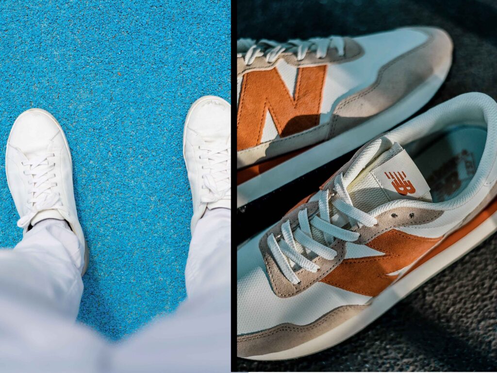 Comparing chunky retro sneakers and clean white sneakers with Y2K tracksuit pants