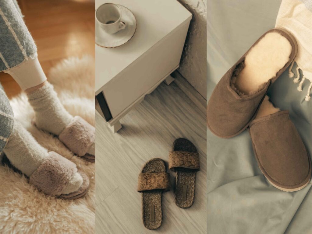 Different styles of women's orthopedic footwear and supportive house slippers