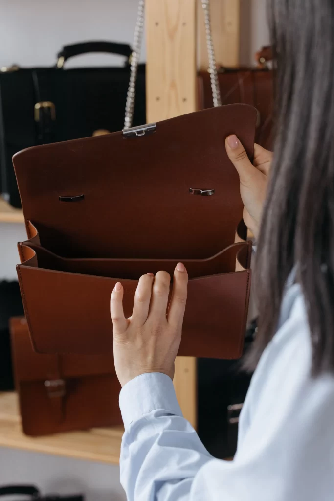 Interior lining and leather texture check to identify counterfeit designer bags